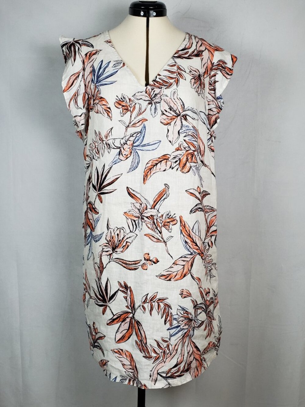 TAHARI Linen Shift Mini Dress Vibrant Tropical Print Flutter Sleeves Size Medium